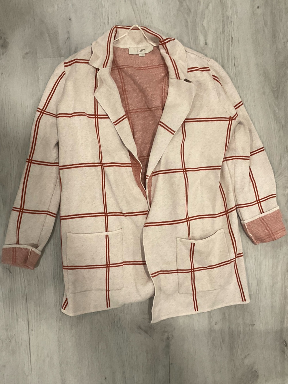 LOFT Ivory and Rust Windowpane cardigan
